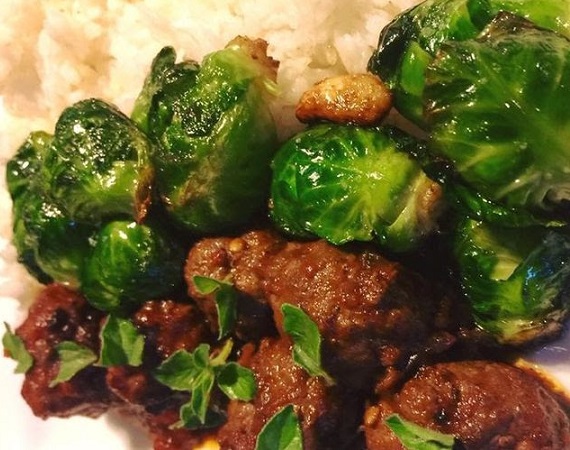 On Tap Oil & Vinegar Glazed Meatballs with Brussels Sprouts