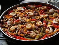 Traditional Paella with Shrimp, Chorizo, & Spicy Gordal Olives